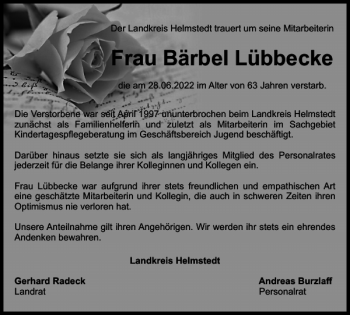 Traueranzeige von Frau Bärbel Lübbecke von Helmstedter Nachrichten