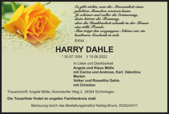 Traueranzeige von HARRY DAHLE von Helmstedter Nachrichten