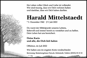 Traueranzeige von Harald Mittelstaedt von Helmstedter Nachrichten