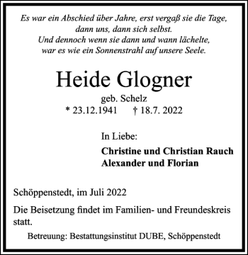 Traueranzeige von Heide Glogner von Braunschweiger Zeitung