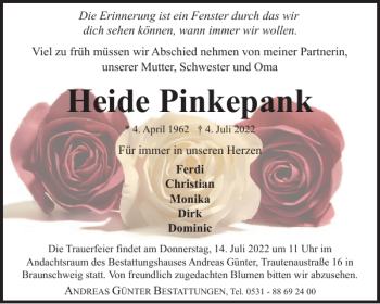 Traueranzeige von Heide Pinkepank von Braunschweiger Zeitung