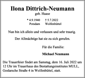 Traueranzeige von Ilona Dittrich-Neumann von Wolfenbütteler Zeitung