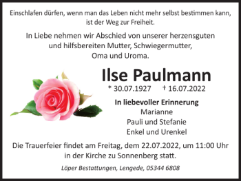Traueranzeige von Ilse Paulmann von Peiner Nachrichten