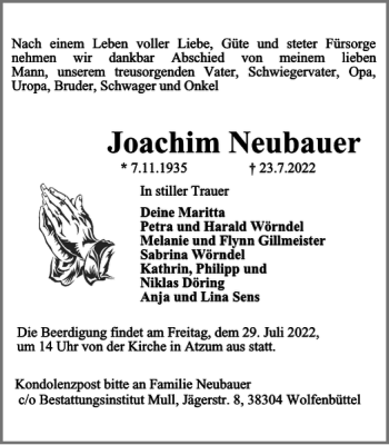 Traueranzeige von Joachim Neubauer von Wolfenbütteler Zeitung