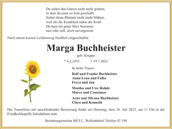 Traueranzeige von Marga Buchheister von Braunschweiger Zeitung