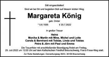 Traueranzeige von Margareta König von Braunschweiger Zeitung
