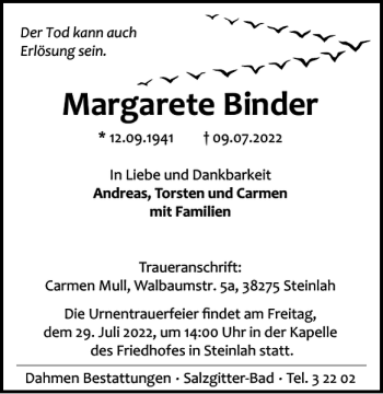 Traueranzeige von Margarete Binder von Salzgitter Zeitung