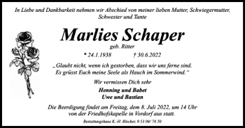 Traueranzeige von Marlies Schaper von Wolfsburger Nachrichten