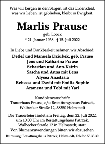 Traueranzeige von Marlis Prause von Helmstedter Nachrichten