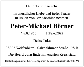 Traueranzeige von Peter-Michael Börner von Wolfenbütteler Zeitung