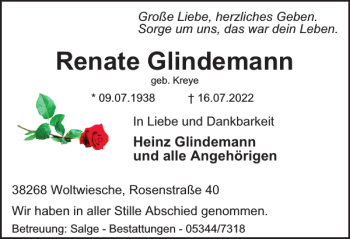 Traueranzeige von Renate Glindemann von Peiner Nachrichten