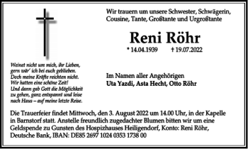 Traueranzeige von Reni Röhr von Wolfsburger Nachrichten