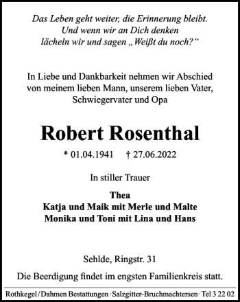 Traueranzeige von Robert Rosenthal von Salzgitter Zeitung