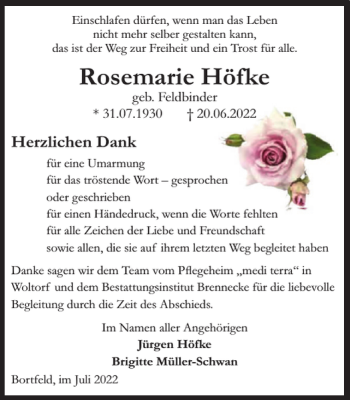 Traueranzeige von Rosemarie Höfke von Peiner Nachrichten