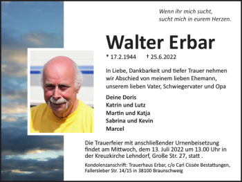 Traueranzeige von Walter Erbar von Braunschweiger Zeitung