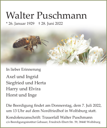 Traueranzeige von Walter Puschmann von Wolfsburger Nachrichten