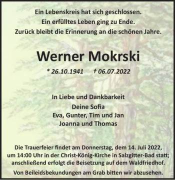 Traueranzeige von Werner Mokrski von Salzgitter Zeitung