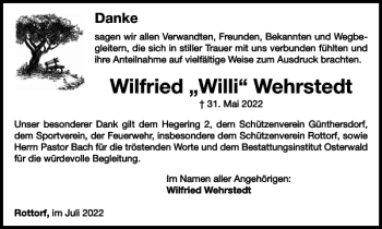 Traueranzeige von Wilfried Willi Wehrstedt von Helmstedter Nachrichten