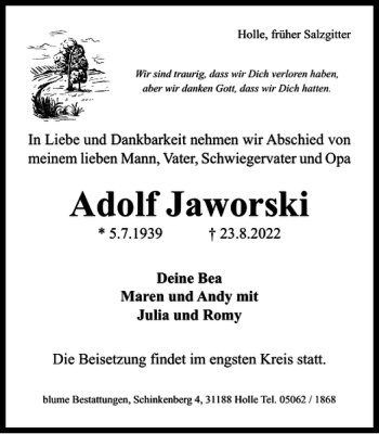 Traueranzeige von Adolf Jaworski von Salzgitter Zeitung