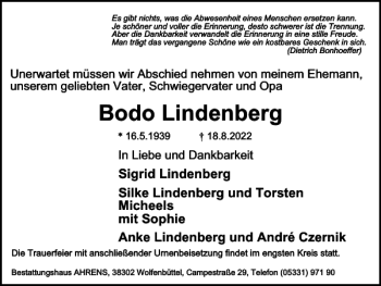 Traueranzeige von Bodo Lindenberg von Braunschweiger Zeitung