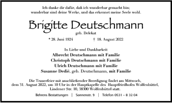 Traueranzeige von Brigitte Deutschmann von Braunschweiger Zeitung