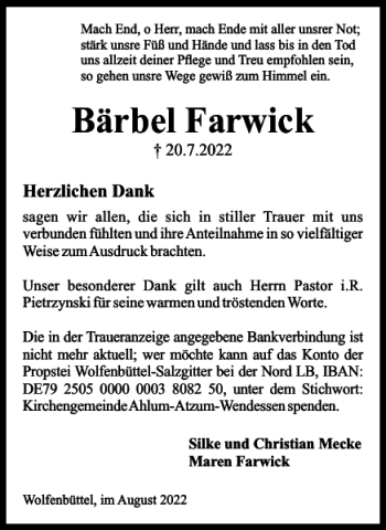 Traueranzeige von Bärbel Farwick von Wolfenbütteler Zeitung
