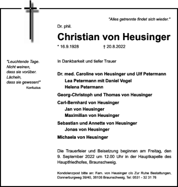 Traueranzeige von Christian von Heusinger von Braunschweiger Zeitung