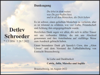 Traueranzeige von Detlev Schroeder von Braunschweiger Zeitung