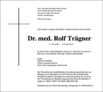 Traueranzeige von Dr. med. Rolf Trägner von Wolfsburger Nachrichten
