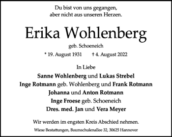 Traueranzeige von Erika Wohlenberg von Wolfsburger Nachrichten