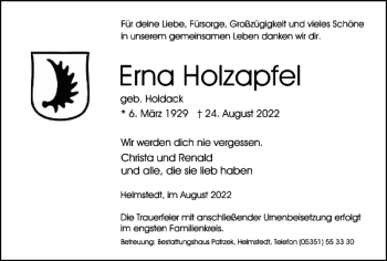 Traueranzeige von Erna Holzapfel von Helmstedter Nachrichten