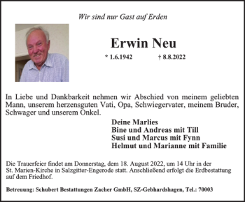 Traueranzeige von Erwin Neu von Salzgitter Zeitung