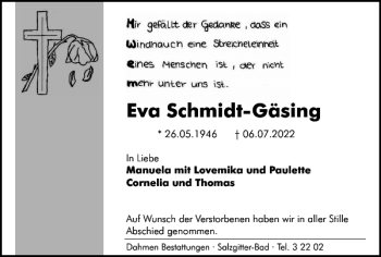 Traueranzeige von Eva Schmidt-Gäsing von Salzgitter Zeitung