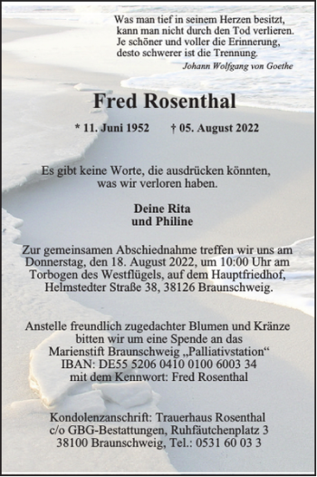 Traueranzeige von Fred Rosenthal von Braunschweiger Zeitung