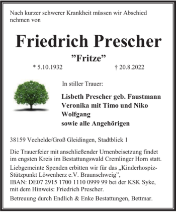 Traueranzeige von Friedrich Prescher von Braunschweiger Zeitung