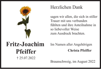 Traueranzeige von Fritz-Joachim Pfeiffer von Braunschweiger Zeitung