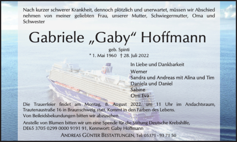  Traueranzeige für Gabriele Hoffmann vom 06.08.2022 aus Braunschweiger Zeitung
