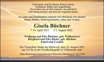 Traueranzeige von Gisela Büchner von Braunschweiger Zeitung