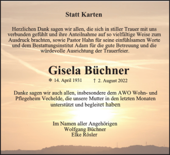 Traueranzeige von Gisela Büchner von Braunschweiger Zeitung