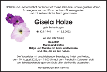 Traueranzeige von Gisela Holze von Wolfsburger Nachrichten