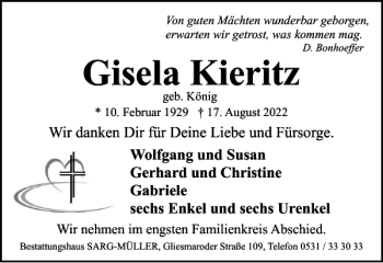Traueranzeige von Gisela Kieritz von Braunschweiger Zeitung