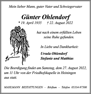 Traueranzeige von Günter Ohlendorf von Wolfenbütteler Zeitung