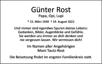 Traueranzeige von Günter Rost von Wolfsburger Nachrichten