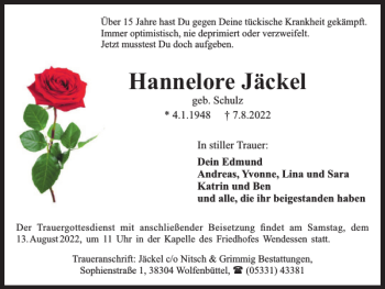 Traueranzeige von Hannelore Jäckel von Helmstedter Nachrichten