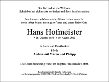 Traueranzeige von Hans Hofmeister von Wolfsburger Nachrichten