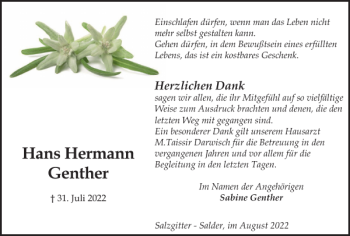 Traueranzeige von Hans Hermann Genther von Salzgitter Zeitung