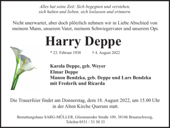 Traueranzeige von Harry Deppe von Braunschweiger Zeitung