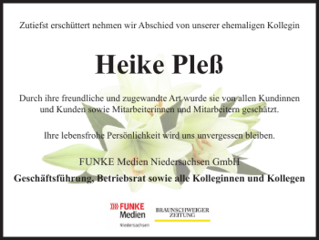 Traueranzeige von Heike Pleß von Braunschweiger Zeitung