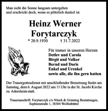Traueranzeige von Heinz Werner Forytarczyk von Wolfenbütteler Zeitung