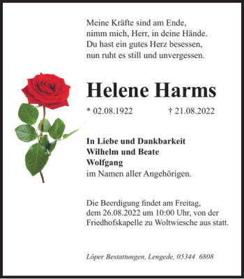 Traueranzeige von Helene Harms von Peiner Nachrichten